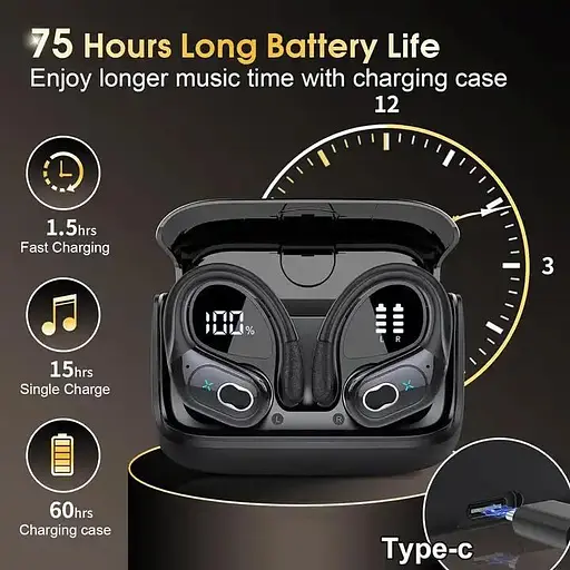 Бездротові спортивні навушники HD65 із зарядним кейсом і мікрофоном Bluetooth-навушники для спорту Чорні - фото 2