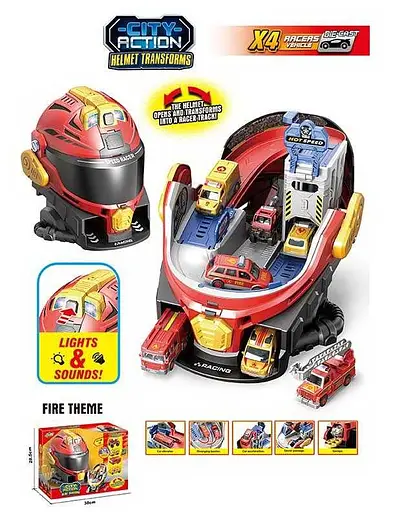 Гараж-Трек ШОЛОМ, подсветка, аудиоэффекты сирен, механический подъемник, 38x28x18 см, SK639XB