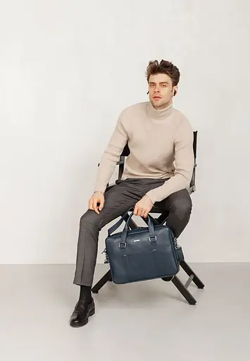 Шкіряна сумка для ноутбука і документів темно-синя - фото 7