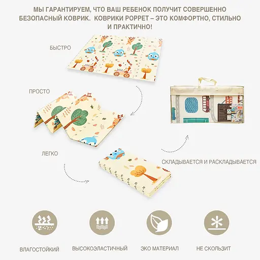 Уцінка. Дитячий двосторонній складний килимок Poppet Лісові жителі та Добрі сусіди, 200x180x1 см (PP008-200) - фото 4