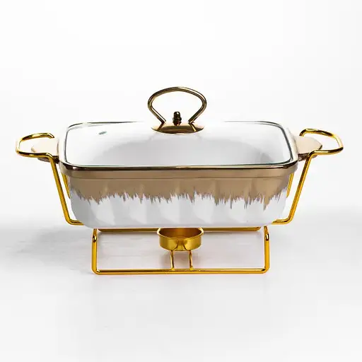 Мармитница фарфоровая Yiwu 1 л прямоугольная на металлической подставке со стеклянной крышкой 31х16х11 см мармит для первых блюд ML789-11 - фото 1