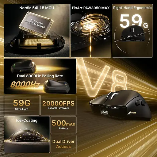 Бездротова миша ATTACK SHARK V8 42000 DPI PAW3950MAX Nordic 54L15 8K Чорна - фото 4
