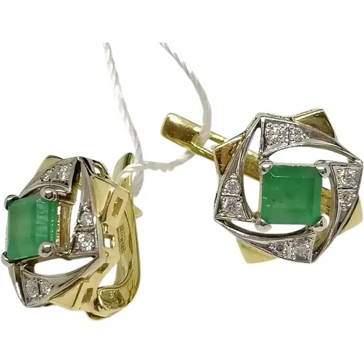 Золоті сережки Агні Іріда з діамантами і смарагдом. Артикул 22287