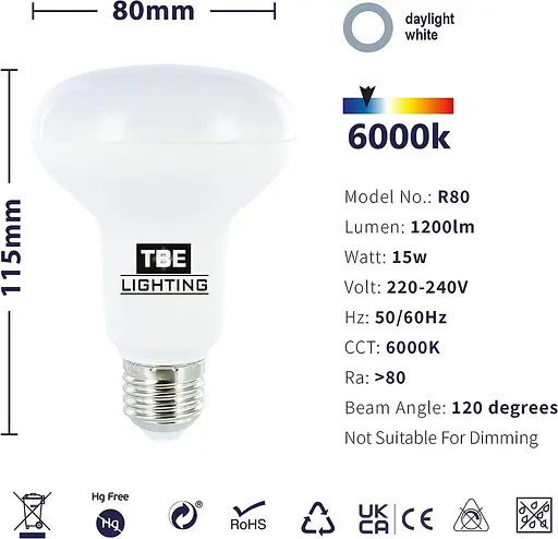 Світлодіодна світлодіодна лампа R80 TBE LIGHTING 15 Вт - стандартне гвинтове кріплення E27, еквівалентна енергозберігаюча - фото 2