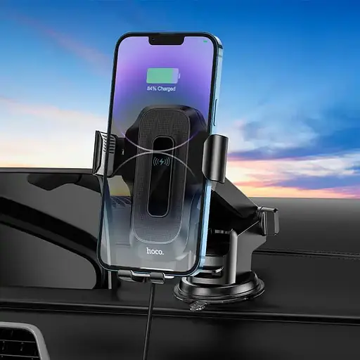 Автотримач для телефона з БЗП HOCO HW3 Wise automatic induction wireless fast charging car holder(center console) Black - фото 8