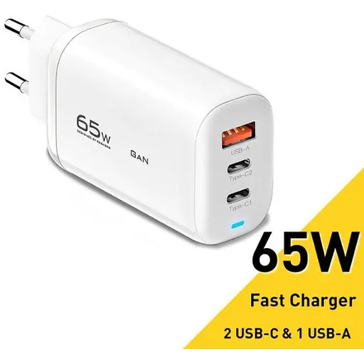МЗП Essager ES-CD23 65W GaN Dual USB-С USB-A QC3.0 PD3.0 Fast Charge White (ECT2CA-MYB02)