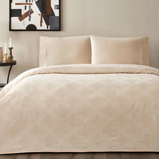 Постельное белье с жаккардовым покрывалом-пике Soleya Beige / простыня на резинке Tac pbe0051418 - фото 1