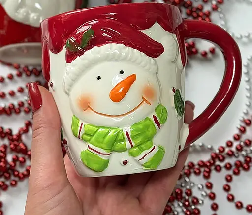 Новогодняя кружка Olens 8030-304 керамика большая рождественская чашка с узором Снеговик 430 мл Красная - фото 3