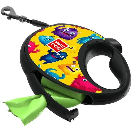 Повідець-рулетка для собак Waudog R-leash з контейнером для пакетів, малюнок "Мохнаті монстри", світловідбивна стрічка, M - фото 5
