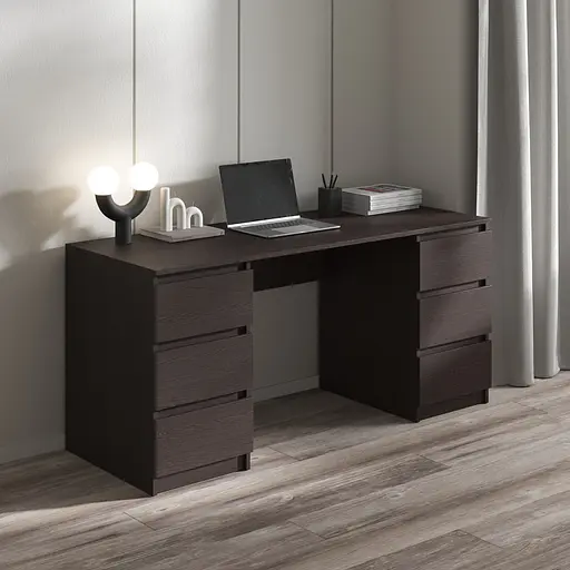 Компьютерный стол Vays R-2 Венге Темный, письменный с 2 тумбами, 6 ящиков без ручек, ЛДСП 160×60×75 см - для дома, офиса, учебы