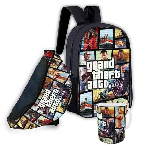 Набір дитячий GTA Grand Theft Auto рюкзак 36х27см сумка-бананка, кружка з принтом для хлопчика (01642)