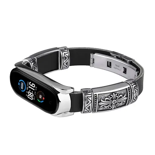 Ремешок винтажный Carprie для фитнес-браслета Xiaomi Mi Band 5 и 6 Type B Black silver - фото 3
