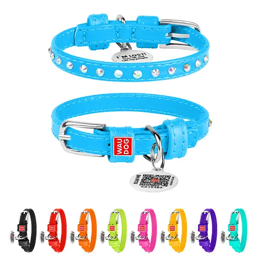 Нашийник для собак шкіряний Waudog Glamour з QR-паспортом з клейовими стразами Ш 9 мм Д 19-25 см блакитний - фото 2