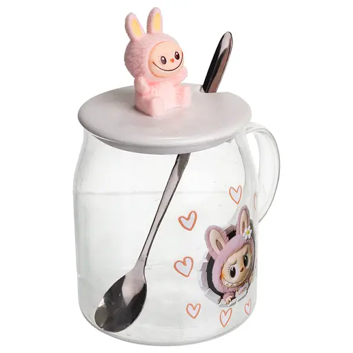 Чашка скляна Yiwu Labubu 600 мл з ложкою і порцеляновою кришкою рожевий Yiwu FM-56B - фото 4