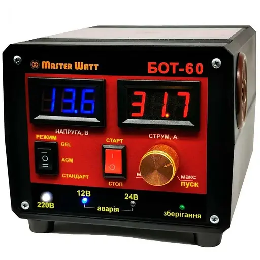 Пуско-зарядное ЗУ БОТ-60 для аккумуляторов 12/24V (12-900Ah) (MF, WET, AGM, GEL, CA/CA), 160-245V, Ток заряда 60/40А, крокодилы в комплекте