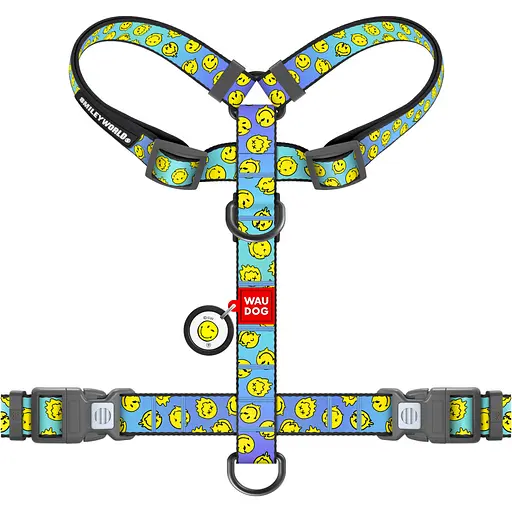 Шлея для собак Waudog Nylon анатомічна H-подібна з QR-паспортом розмір M 2х38-60х46-60 см смайли на блакитному - фото 2