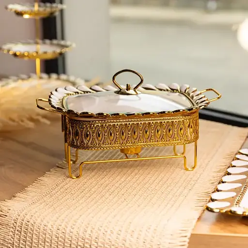 Мармитница фарфоровая Yiwu Tiffany 1 л квадратная со стеклянной крышкой на металлической подставке с подогревом 28х23х7 см для первых блюд SX42-1 - фото 2