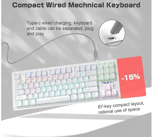 Клавіатура ігрова механічна Aula Mechanical F-3032 White keycaps + 21 Yellow keys KRGD Red - фото 9