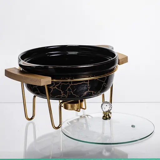 Мармит фарфоровый настольный круглый 800 (мл) мармитница с подогревом Зеленый мрамор Yiwu LC-716 - фото 4