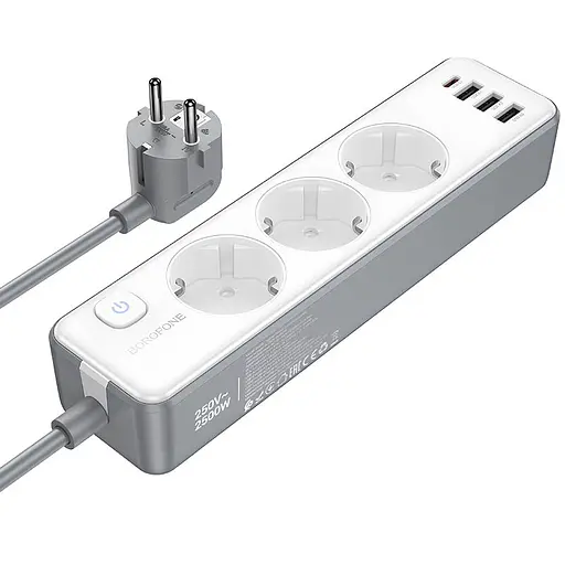 Подовжувач Borofone BAC9 Power PD20W (3USB-A/1C/3xSocket) (2m) White - фото 3