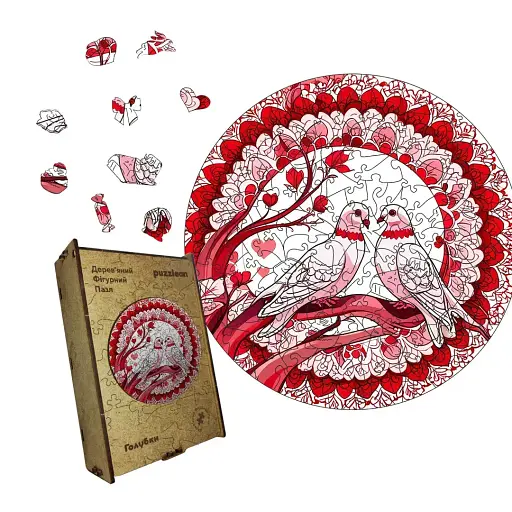 Деревяний фігурний пазл Закохані Голуби, А3, Картонна коробка 200 елементів