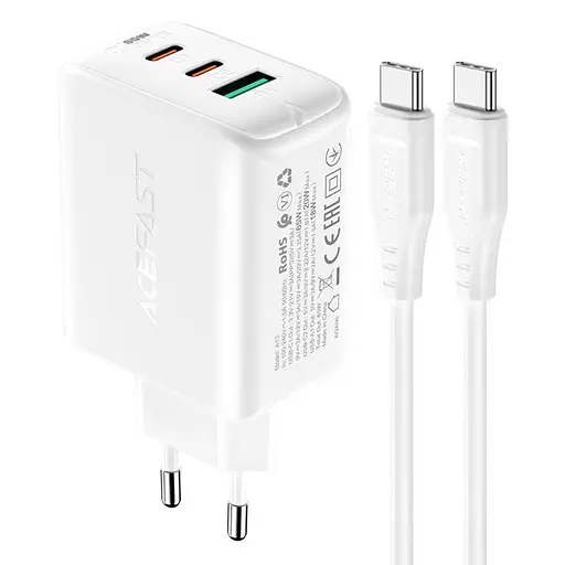 Зарядний пристрій Acefast A13 USB/2 Type-C QC PD 65W білий + кабель Type-C to Type-C - фото 1
