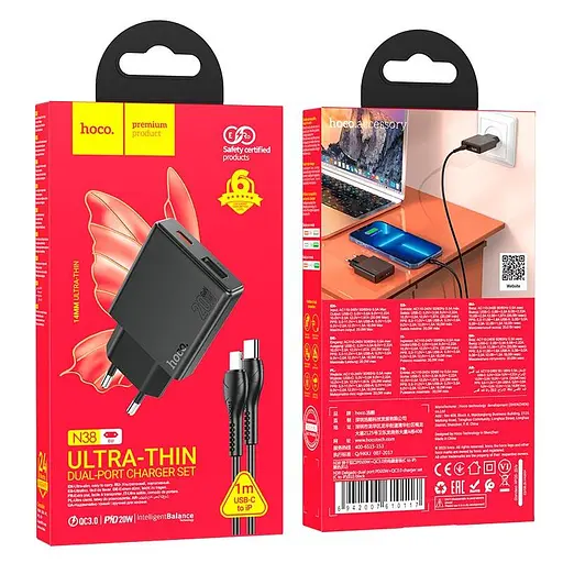 Адаптер сетевой HOCO Type-C для Lightning Delgado Dual Port Charger N38 |1USB/1Type-C, 20W/3A, PD/QC| - фото 2