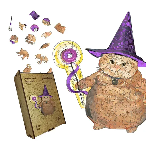 Деревянный фигурный пазл Вжух Кот, А5, Деревянная коробка 35 элементов