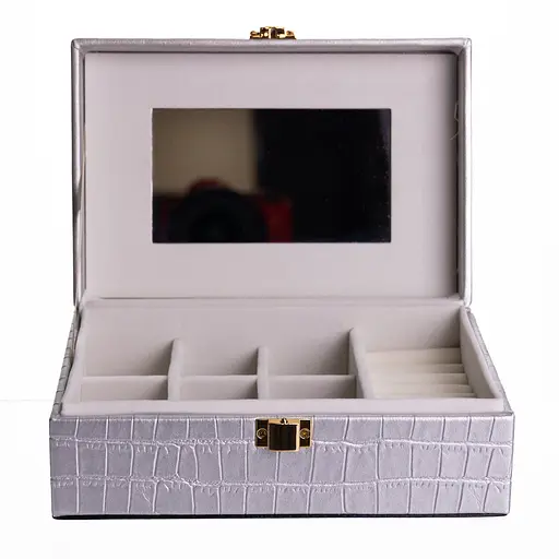 Скринька для прикрас з екошкіри 10 відділень із дзеркалом 20×14×8 см органайзер для прикрас Сірий Yiwu HP-5-19G - фото 1