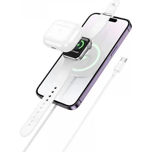 Беспроводное зарядное устройство Hoco CW50 Fast 3-in-1 magnetic iWatch 2.5W/MagSafe 7.5W Type-C AirPods / iWatch 1–8 SE/SE2 Ultra Белый - фото 3