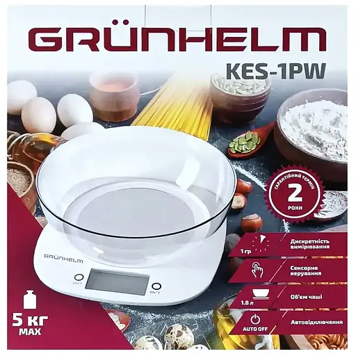 Ваги кухонні Grunhelm KES-1PW з чашою максимальна вага 5 кг білі (136007) - фото 5