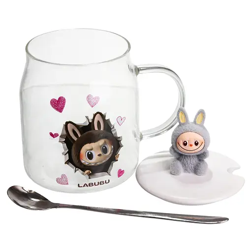 Чашка скляна Yiwu Labubu 600 мл з ложкою та порцеляновою кришкою сірий Yiwu FM-56A - фото 3