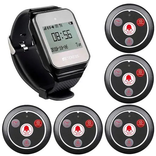 Система вызова официанта беспроводная с черными часами - пейджером Retekess TD109 + 5 черных кнопок (с кнопкой ЗАКАЗ) (100761)