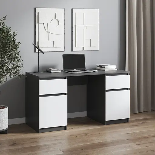 Компьютерный стол Vays, письменный стол с двумя тумбами, c ящиками без ручек R-34 Антрацит-Белый фасад