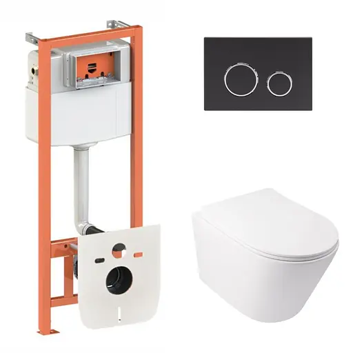 Набор: Qtap Swan Ultra Quiet унитаз подвесной QT16335179W + Nest комплект инсталляции 4в1 (круглая клавиша Black mat) QT0133M425 + M11V1146MB - фото 1