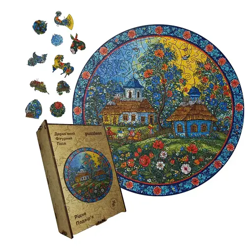 Дерев'яний фігурний пазл Декоративний Розпис Рідне Подвір'я, А1, Картонна коробка 500+ елементів