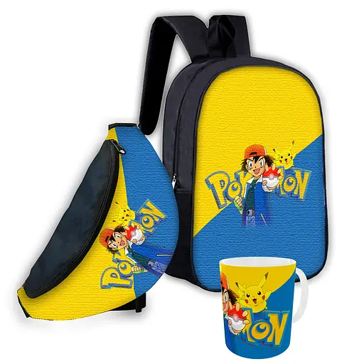 Набор детский Покемон Пикачу рюкзак 36х27см сумка-бананка, кружка с принтом для мальчика (01567)