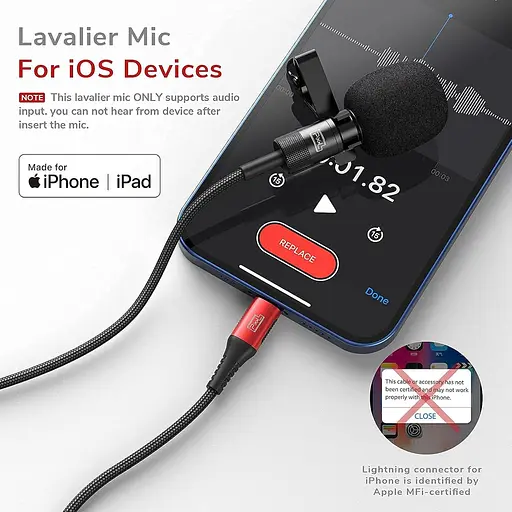 Мікрофон Pixel Lavalier для iPhone (сертифікований Apple MFi) мікрофон Lav для iPhone для відеоблогів зовнішній - фото 2