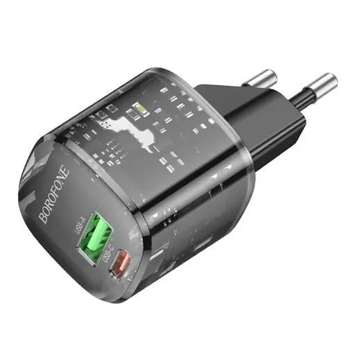 СЗУ Borofone BN17 Sunlight PD20W+QC3.0 (1USB-A/1C) + кабель Type-C to Type-C Transparent black - фото 4