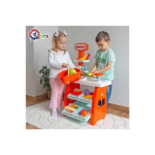 Ігровий дитячий набір "Маркет" ТехноК 0730TXK прилавок з полицями, кошик, різні продукти - фото 8