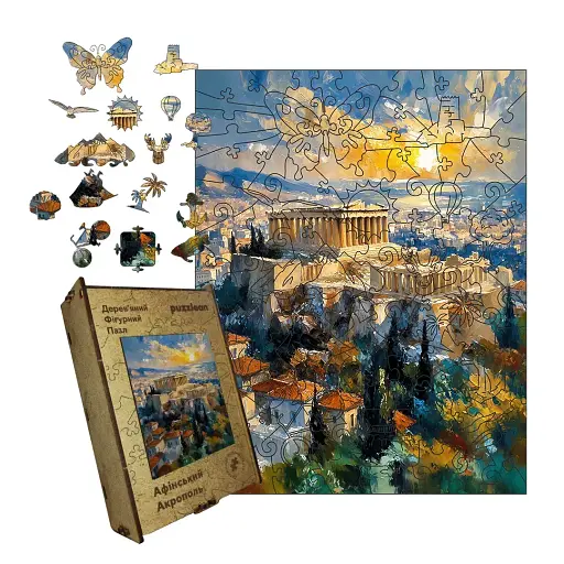 Дерев'яний фігурний пазл Афінський Акрополь, А4, Картонна коробка 100 елементів