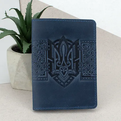 Обложка на паспорт кожаная с гербом HC0075 синяя - фото 1