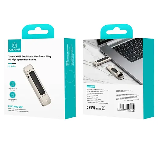 Флеш-накопитель Usams US-ZB275 2in1 USB 3.2 + Type-C GEN1 Dual Ports Aluminum Alloy 5G - 256GB Silver - фото 3