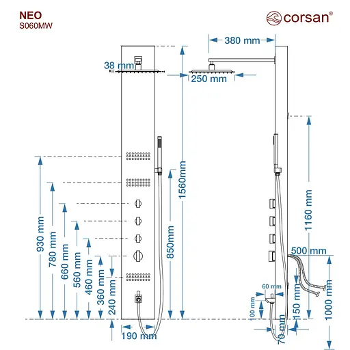 Душова панель Corsan Neo INO з виливом S060MSLW, Нержавіюча сталь - фото 4