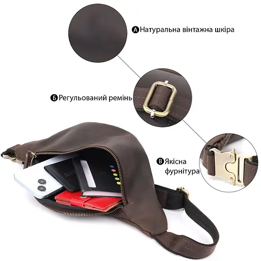 Добротна сумка бананка для чоловіків з натуральної шкіри вінтажної SHVIGEL 34х14х7 см sum0027447 - фото 4