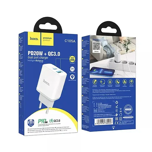 Сетевой адаптер питания Hoco C105A 20W Type-C и USB с быстрой зарядкой и кабелем Type-C to Type-C белый - фото 9