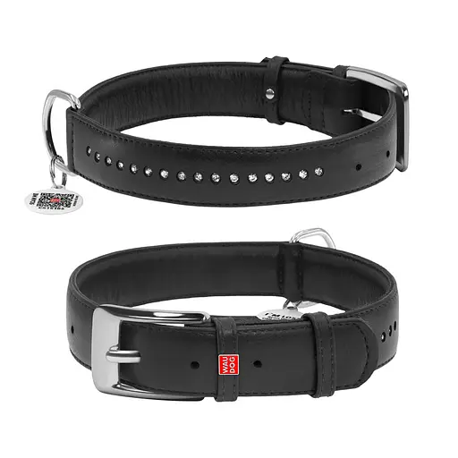 Нашийник для собак шкіряний Waudog Glamour з QR-паспортом подвійний зі стразами XL Ш 35 мм Д 46-60 см чорний
