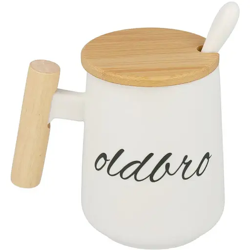 Кухоль керамічний OldBro для старого друга з дерев'яною ручкою кришкою та ложкою 480 мл white - фото 1