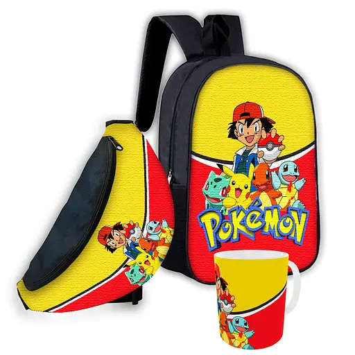 Набор детский Покемон Пикачу рюкзак 36х27см сумка-бананка, кружка с принтом для мальчика (01568)