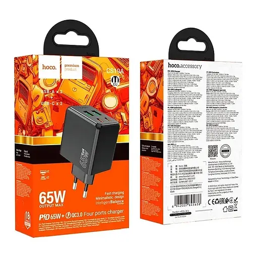Зарядний пристрій блок на 4 виходи (порта USB) Hoco CS19A 2*USB-C + 2*USB 65W чорний - фото 7